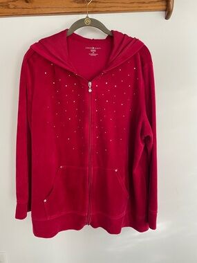 Karen Scott Red Velour Hooded Zip Jacket with Rhinestones